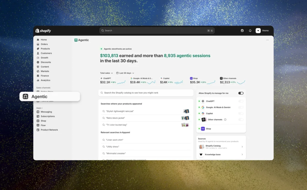 Shopify admin Agentic dashboard showing sales earned across ChatGPT, Google AI Mode, Copilot, and Shop channels