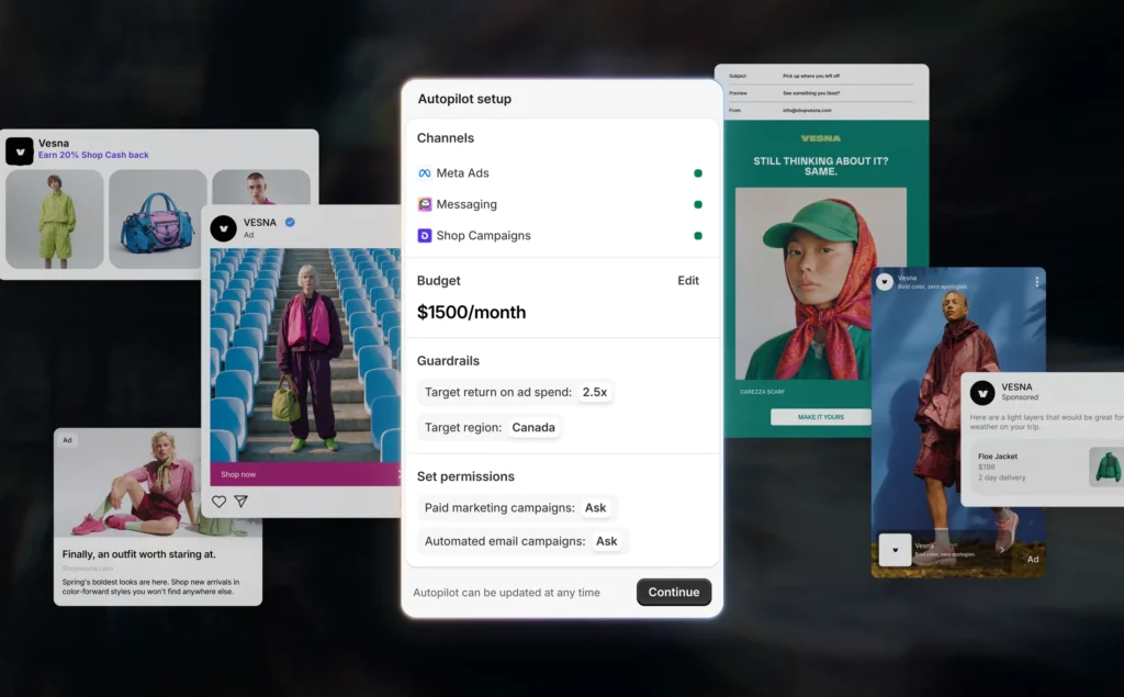 Shopify Campaign Autopilot setup screen showing channels, budget, and guardrails for automated ad campaigns