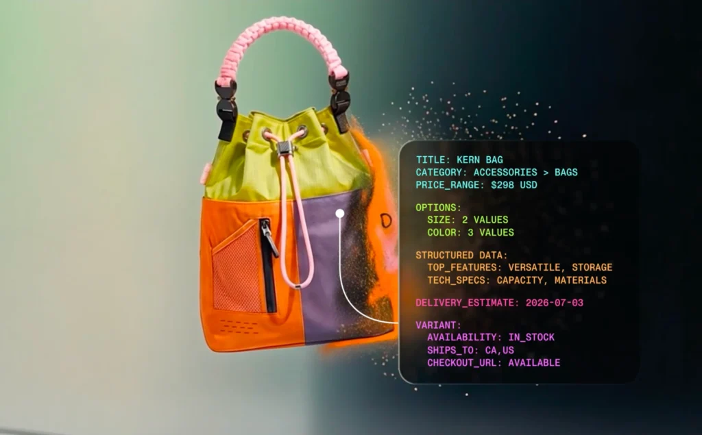 Product listing showing structured data fields like category, price, and checkout URL used by Shopify Catalog for AI shopping agents